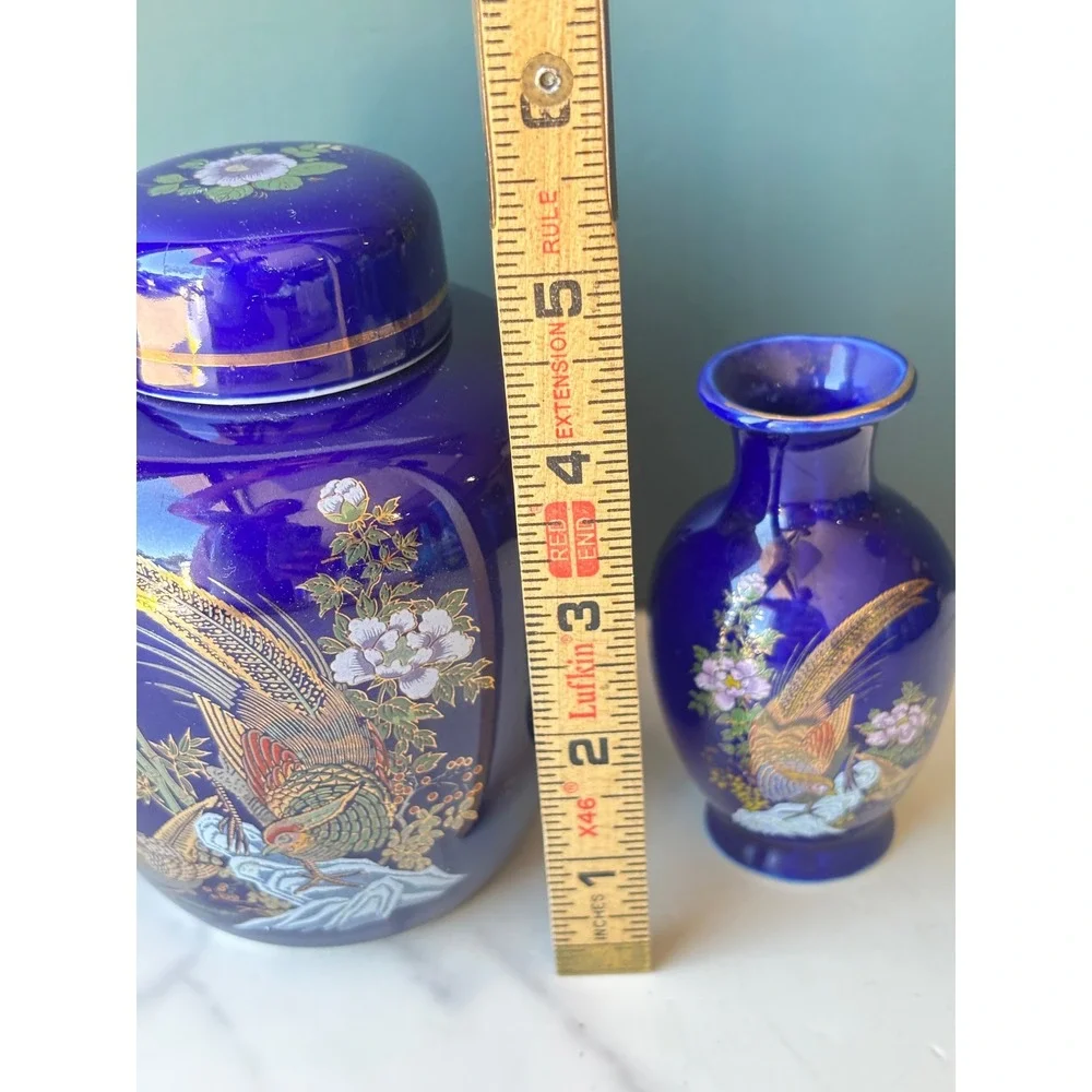 Vintage Cobalt Blue Peacock Ginger Jar and Bud Vase Set Gold Accents Chinoiserie